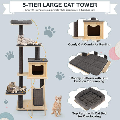 69-Inch Tall Wooden Cat Tree Tower, Modern Cat Activity Center Tree with Sisal Scratching Posts & Board, Condo & Top Perch for Indoor Cats, Grey