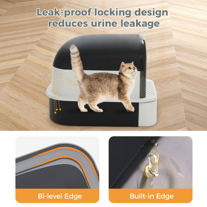 Large Cat Litter Box with Scoop Litter Box with Lid Double-Layer Leak-Proof Litter Box for Cat, Black