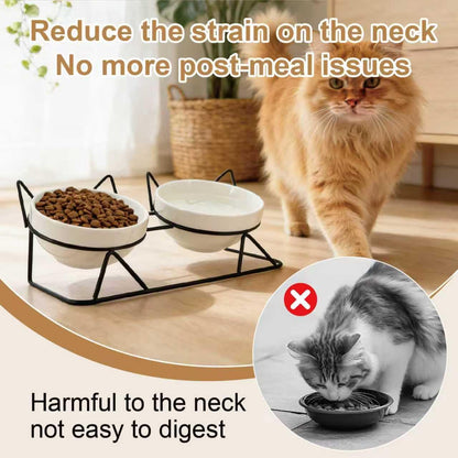 Elevated Tilted Cat Bowls for Indoor Cats，Raised Ceramic Cat Bowl Elevated 15°,Pet Feeding Bowls for Food and Water anti Vomiting Bowl(Double Ceramics and Tilt Shelf) Suitable