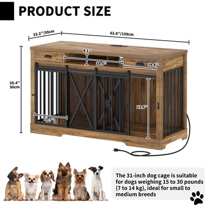 63-Inch Dog Crate Furniture,Tv Stand with Charging Station,Dog Kennel with Double Sliding Barn Door - Oak