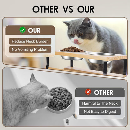 Elevated Cat Bowls with Food Mat, 15° Tilted anti Vomiting Raised Cat Feeder for Indoor Cats and Puppy, 2 Stainless Steel Bowls for Food and Water