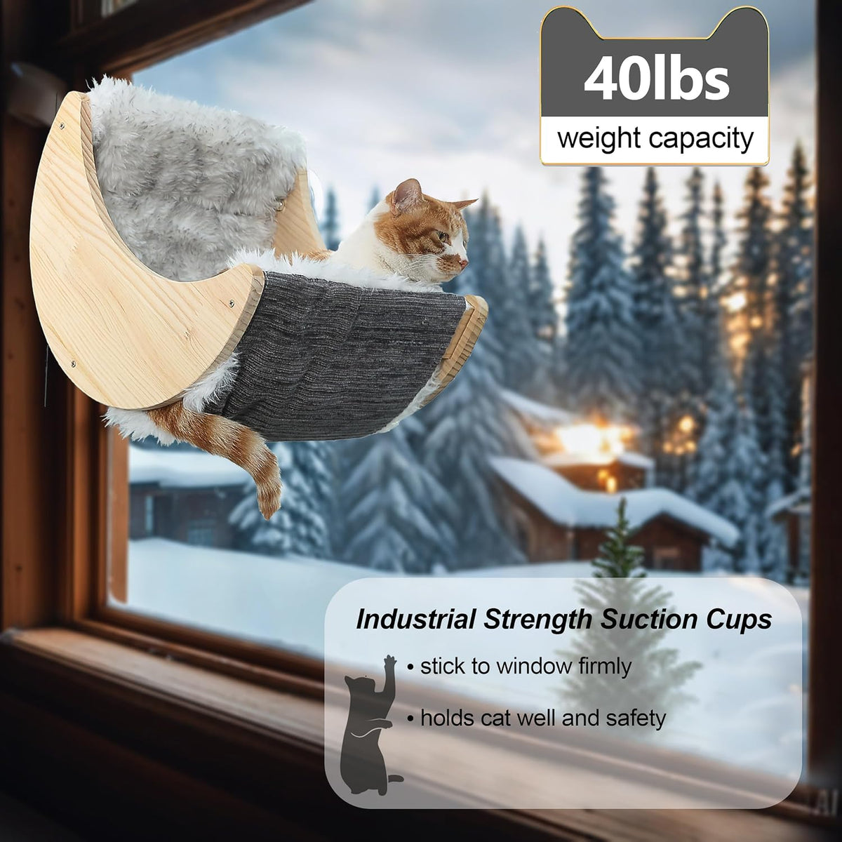 Cat Window Perch, Plywood Moon Bed with 4 Heavy-Duty Suction Cups