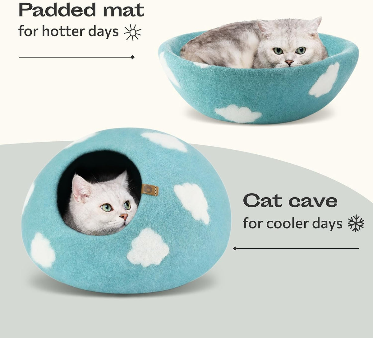Cat Cave - Merino Wool Bed for Indoor Cats (Cloud Nap Blue, Medium)