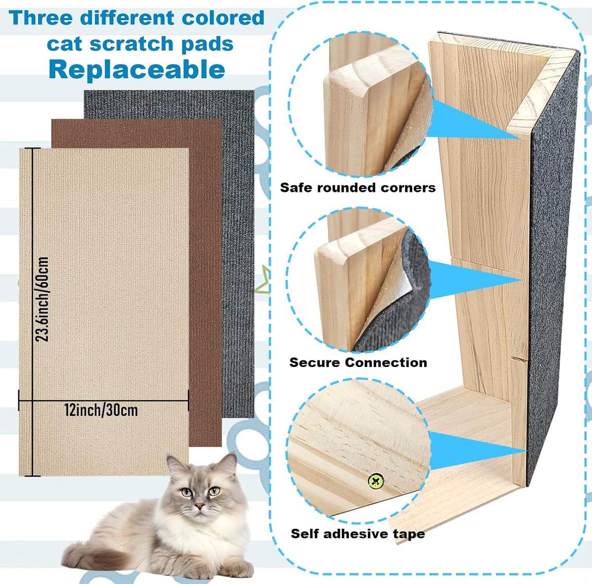 24" Tall Couch Corner Scratching Post with 3Pcs Replaceable Self-Adhesive Cat Scratching Post Carpet, Cat Scratch Pad Mat- Stylish Indoor Cat Scratcher Board Furniture Protector