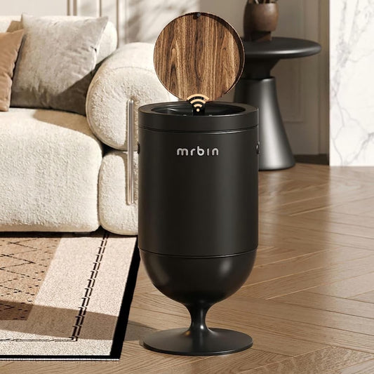 Metal Bathroom Trash Can with Lid, 5.3 Gallon Wine Glass Shaped Automatic Waste Basket Touchless, Smart round Tall Garbage with High Leg for Office, Bedroom, Kitchen, Cream White
