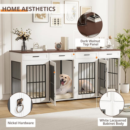 87" Dog Crate Furniture for 2 Dogs, Double Dog Cage Furniture, White