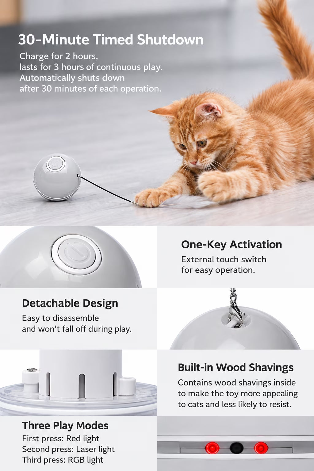Interactive Cat Toy Ball, Automatic Rolling with LED Lights, Detachable Feather, Catnip, 360° Motion, for Indoor Pets, Grey