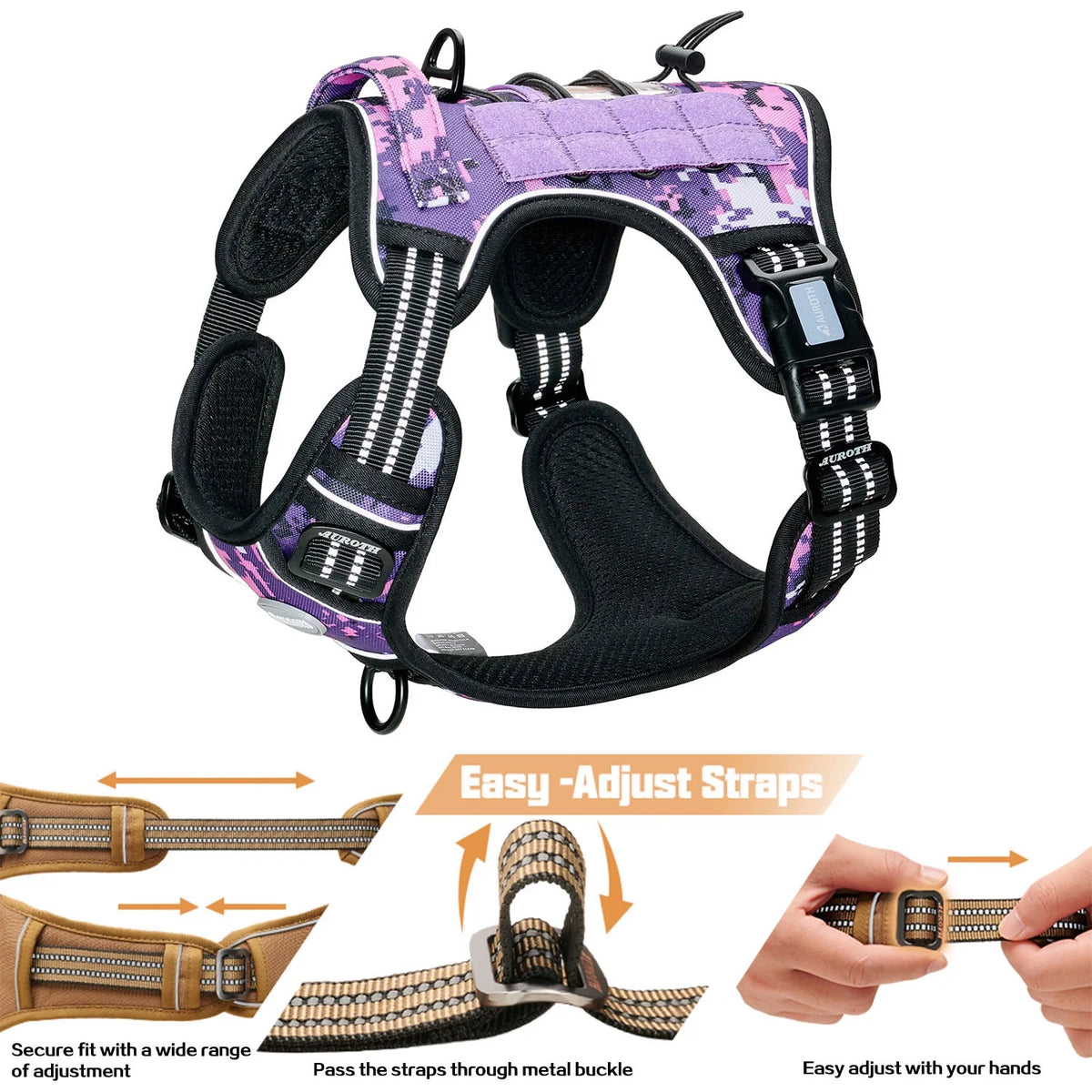No Pull Dog Harness for Large Dogs, Service Vest Harness, Adjustable Easy on Harness with Handle, Reflective Soft Padded Dog Harness Vest, Outdoor Training Running Dog Harness, Purple Camo