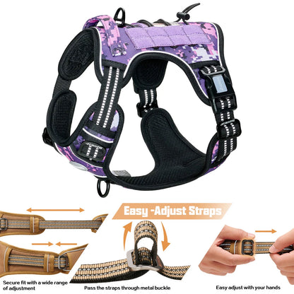 No Pull Dog Harness for Large Dogs, Service Vest Harness, Adjustable Easy on Harness with Handle, Reflective Soft Padded Dog Harness Vest, Outdoor Training Running Dog Harness, Purple Camo