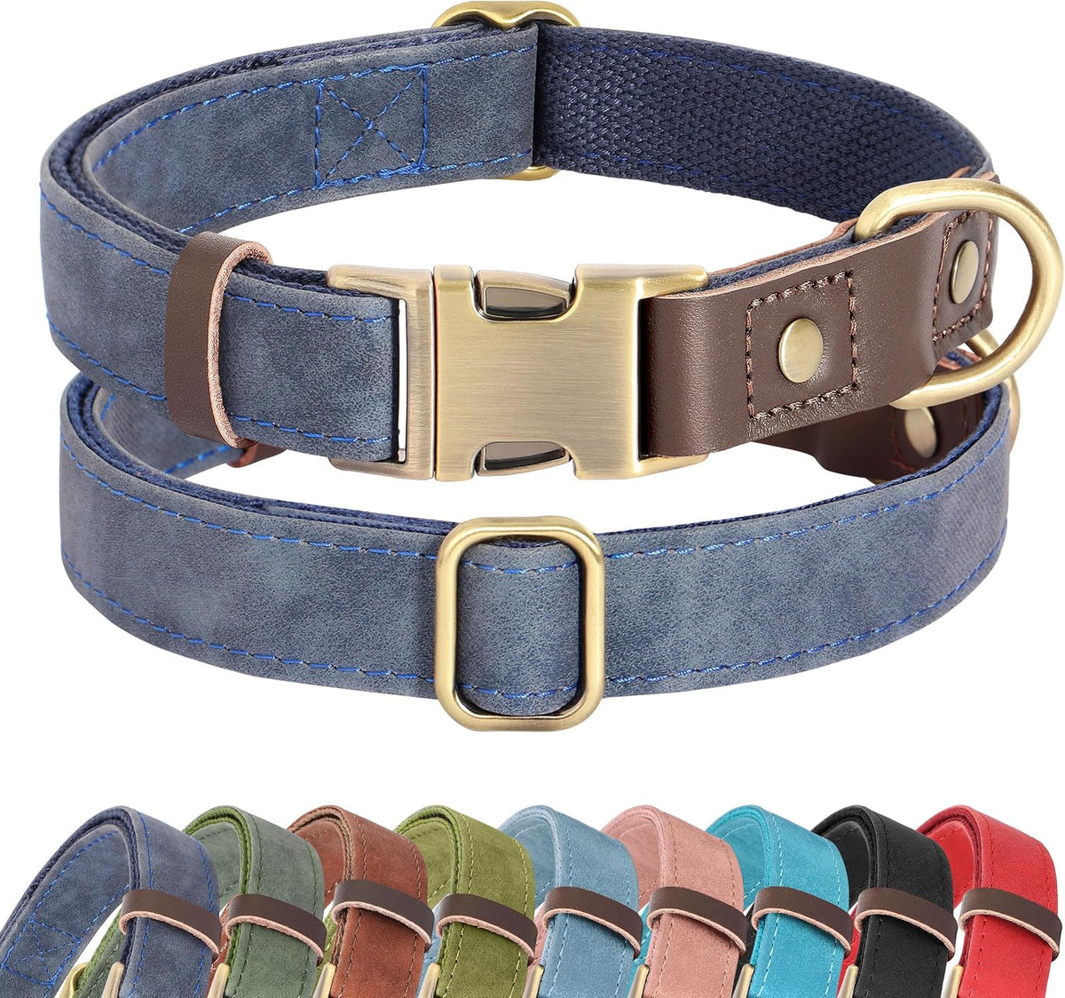 PU Leather Dog Collar for Medium Dogs, Soft Nylon Lining, Blue M