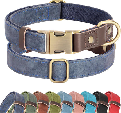 PU Leather Dog Collar for Medium Dogs, Soft Nylon Lining, Blue M