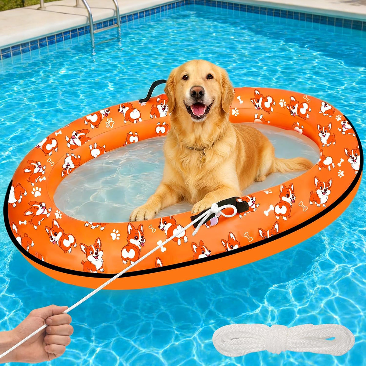Inflatable Dog Pool Float with Rope, Portable Puppy Raft for Pool or Lake, up to 80 Lb