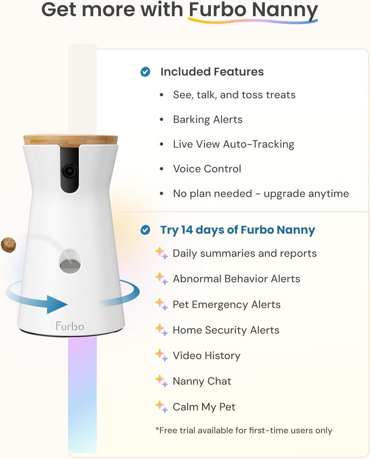360° Dog Camera: Pet Security Cam W/Barking Alerts, Rotating View, Treat Toss W/