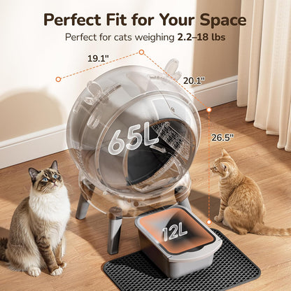 Automatic Self Cleaning Litter Box, Cat Litter Box with APP Control, 65L Globe & Dual Safety Sensors, Robot Litter Box, 1 Roll Garbage Bags and Litter Mat, <35DB, for Multiple Cats, Grey