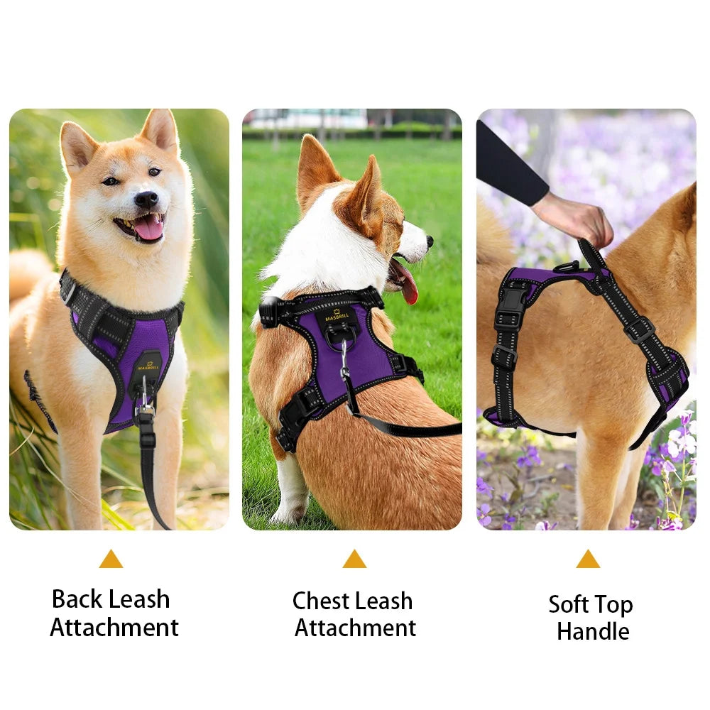 Reflective Dog Harness No Pull Dog Vest Harness with Handle, Breathable Padded Dog Chest Harness Adjustable for Large Dog-Purple XL