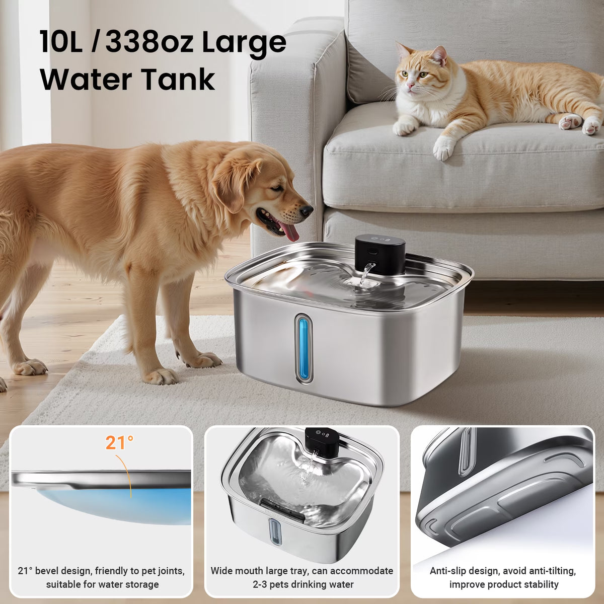 10 L Stainless Steel Dog & Cat Water Fountain with Filtration System & Silent Pump