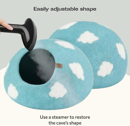 Cat Cave - Merino Wool Bed for Indoor Cats (Cloud Nap Blue, Medium)