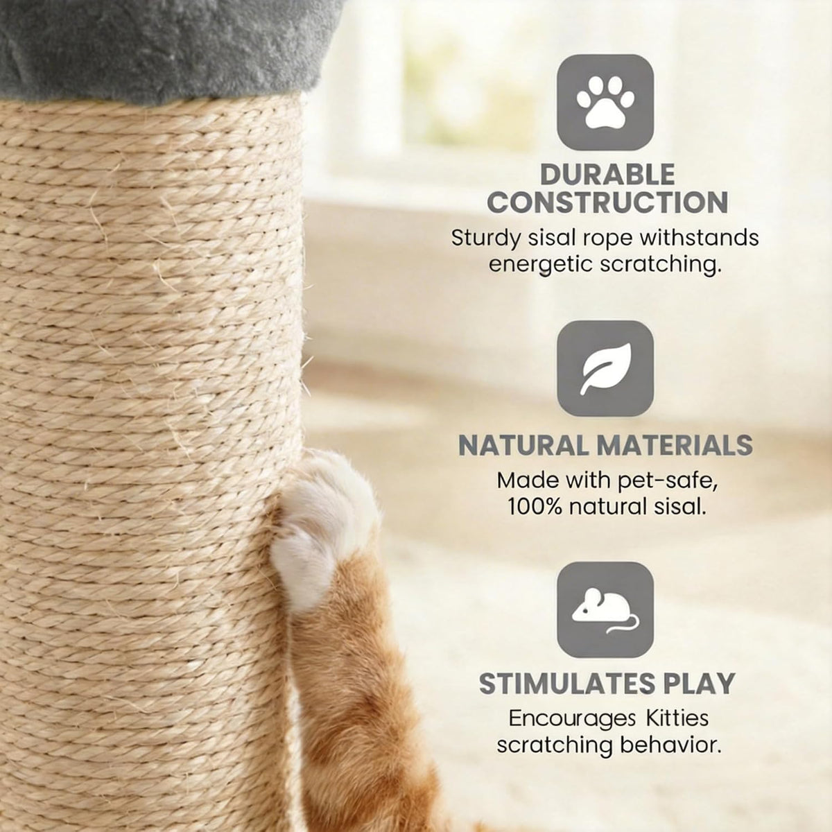 Cat Scratching Post 22'', Scratching Post with Extra Wide 12" Heavy Duty Base for Indoor Kitty, Scratching Post with Natural Sisal & Velvet Fabric for Small, Medium Cat, Grey