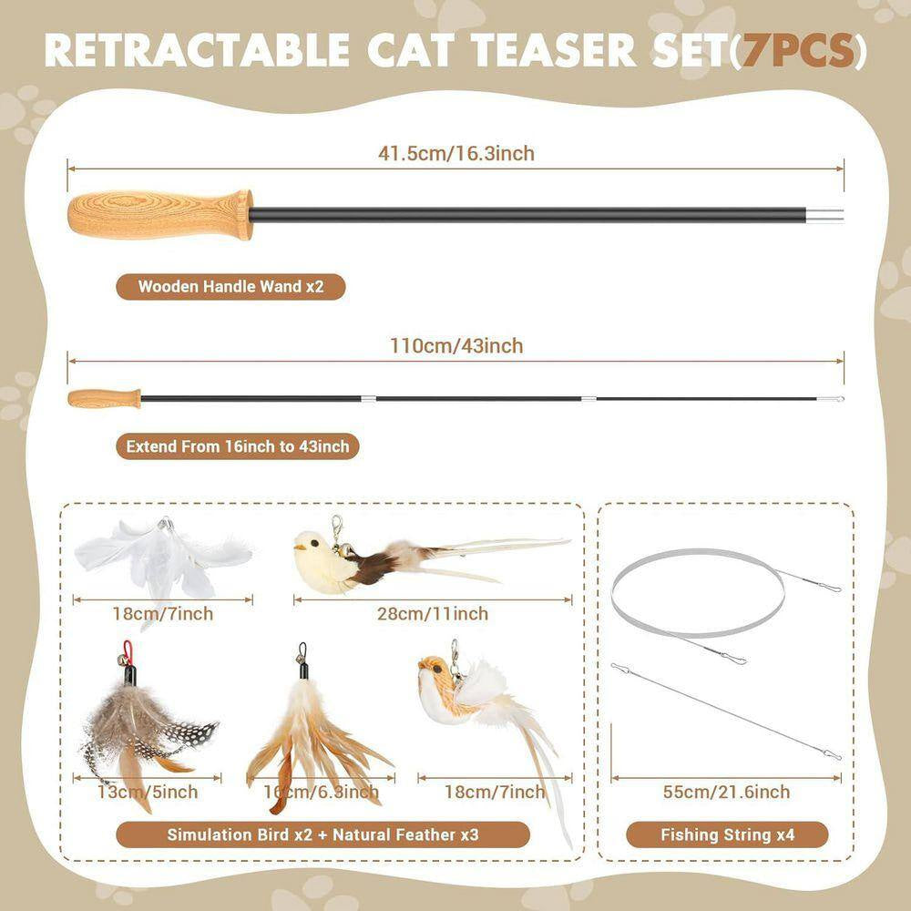 Interactive Cat Teaser Wand Toys 43In Sustainable Wooden Handles Bird and Feather Refills 5Pcs Exercises Andplays 2-Pack