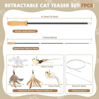 Interactive Cat Teaser Wand Toys 43In Sustainable Wooden Handles Bird and Feather Refills 5Pcs Exercises Andplays 2-Pack