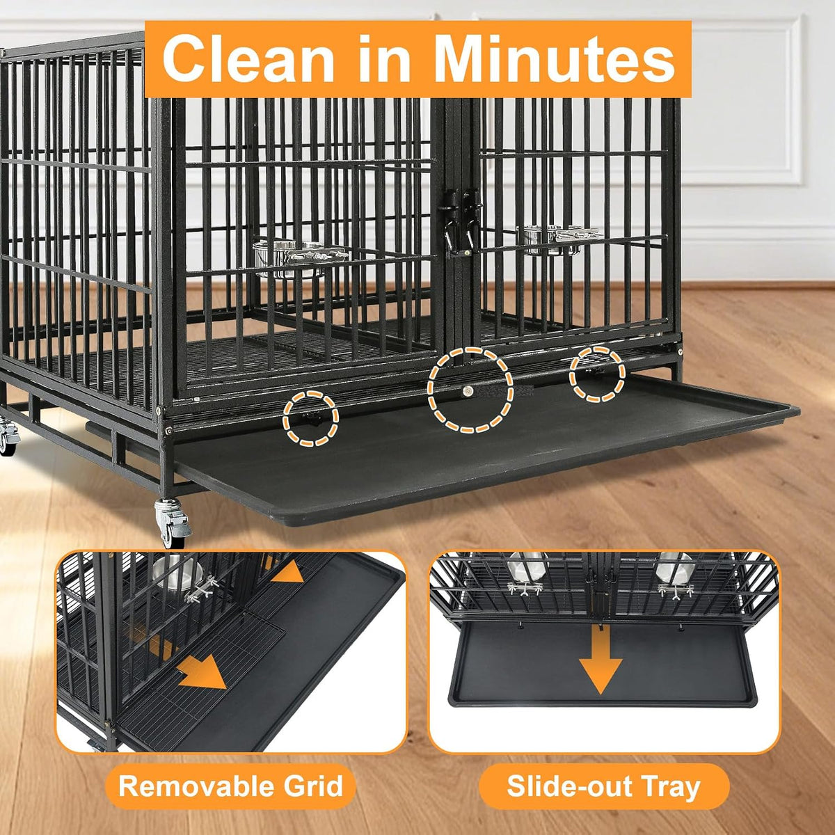 43" Double Dog Crate, Heavy Duty Stackable Kennel with Divider