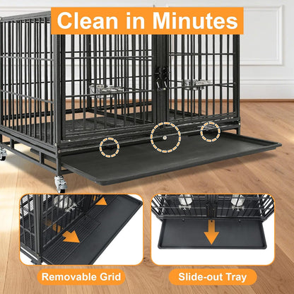 43" Double Dog Crate, Heavy Duty Stackable Kennel with Divider