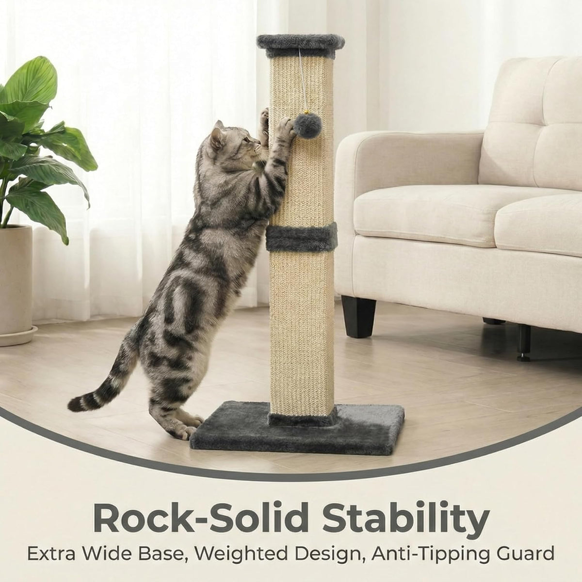 Tall Cat Scratching Post, 32'' Heavy Duty and Thick Scratching Post, Scratching Post for Adult Cats, Thick Sisal Rope with Hanging Ball, Grey