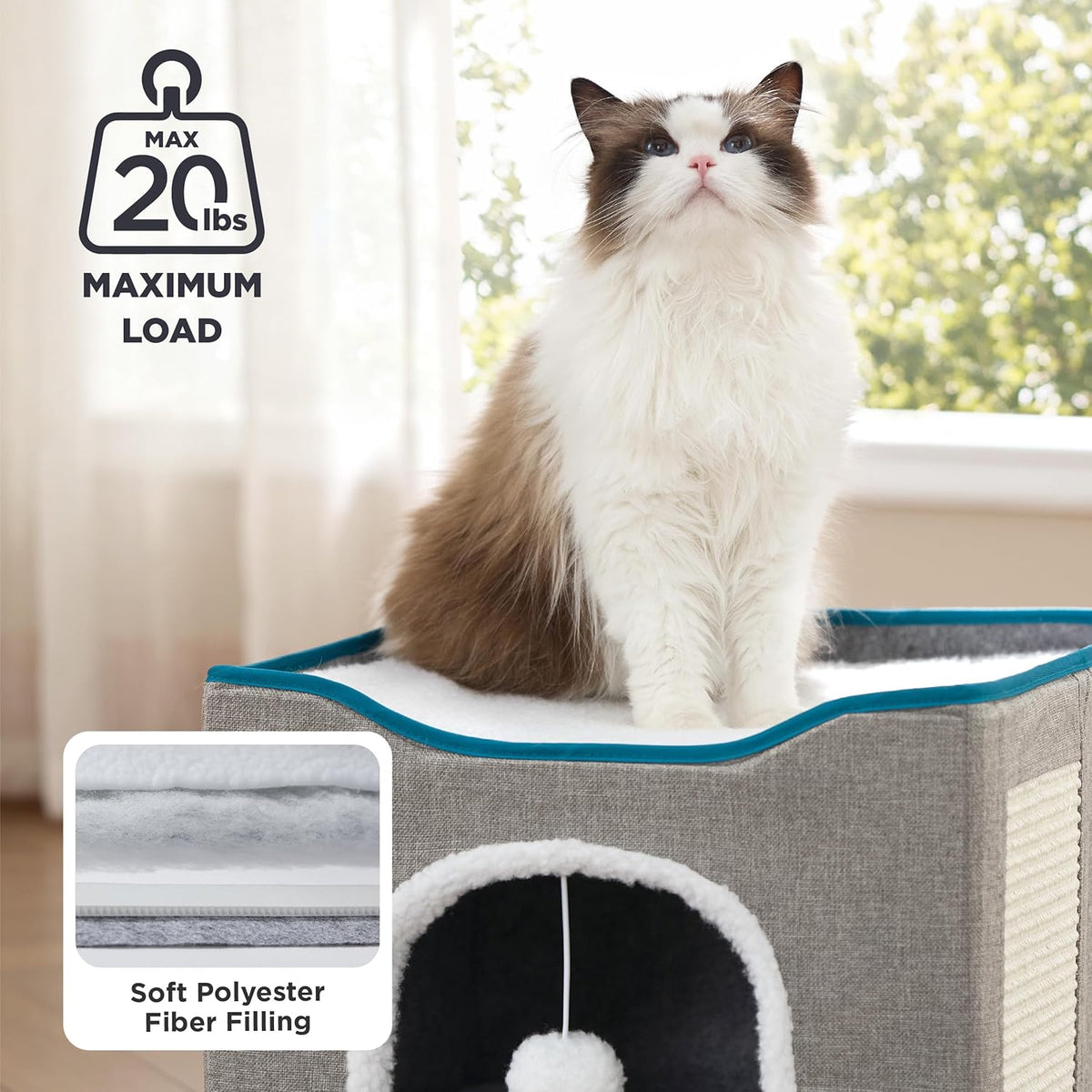Cat House Bed for Indoor Cats with Fluffy Ball and Scratch Pad,Grey