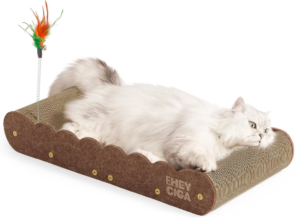 26" Large Cardboard Cat Scratcher Bed with 2 Cat Toys, Brown