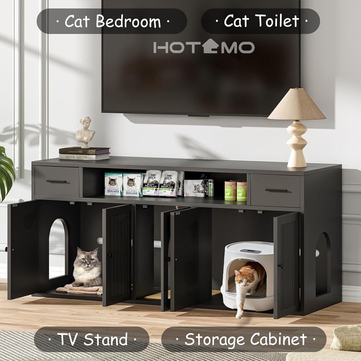 Cat Litter Box Enclosure, Litter Box Furniture for 2 Cats, Litter Box Enclosure with Socket for Living Room (Black)