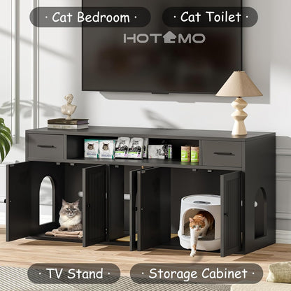 Cat Litter Box Enclosure, Litter Box Furniture for 2 Cats, Litter Box Enclosure with Socket for Living Room (Black)