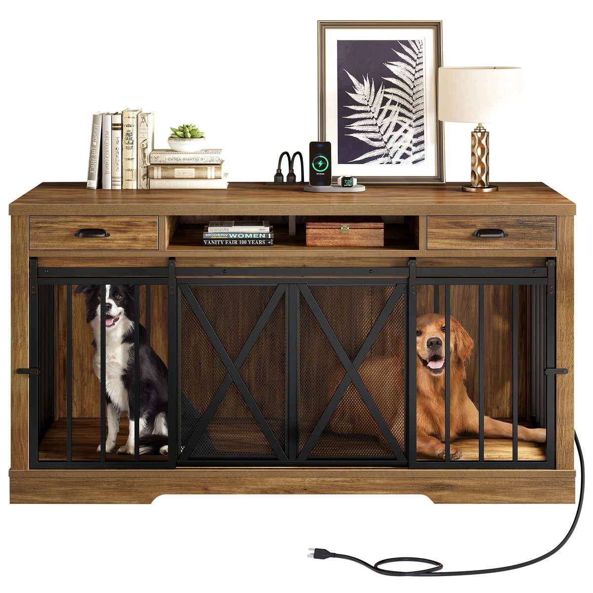 63-Inch Dog Crate Furniture,Tv Stand with Charging Station,Dog Kennel with Double Sliding Barn Door - Oak