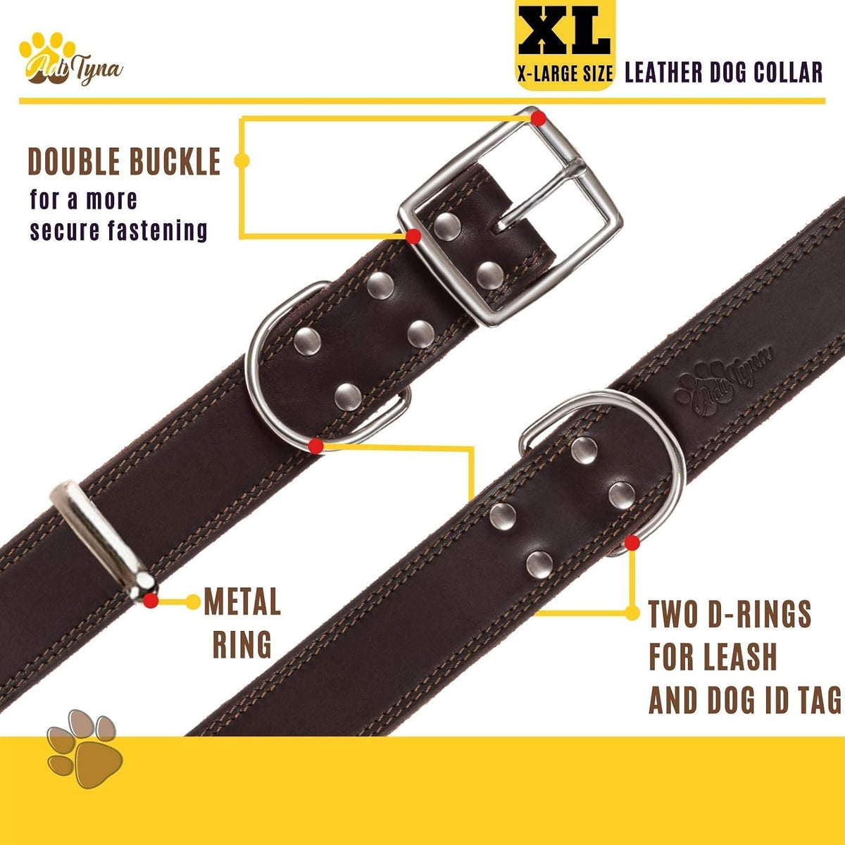 Heavy Duty Leather Dog Collar for Extra-Large Dogs, 22-30"