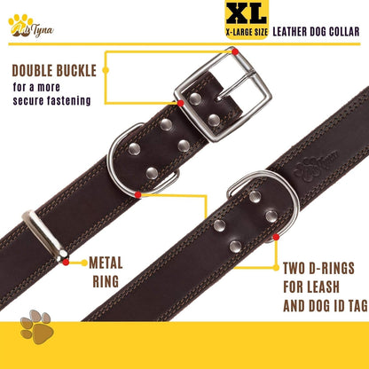 Heavy Duty Leather Dog Collar for Extra-Large Dogs, 22-30"