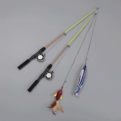 Cat Fishing Pole Toy, Retractable Wand Cat Toy with Reel, Cat Fishing Rod & Feather Toy, Interactive Cat Teaser Wand Toy for Indoor Cats