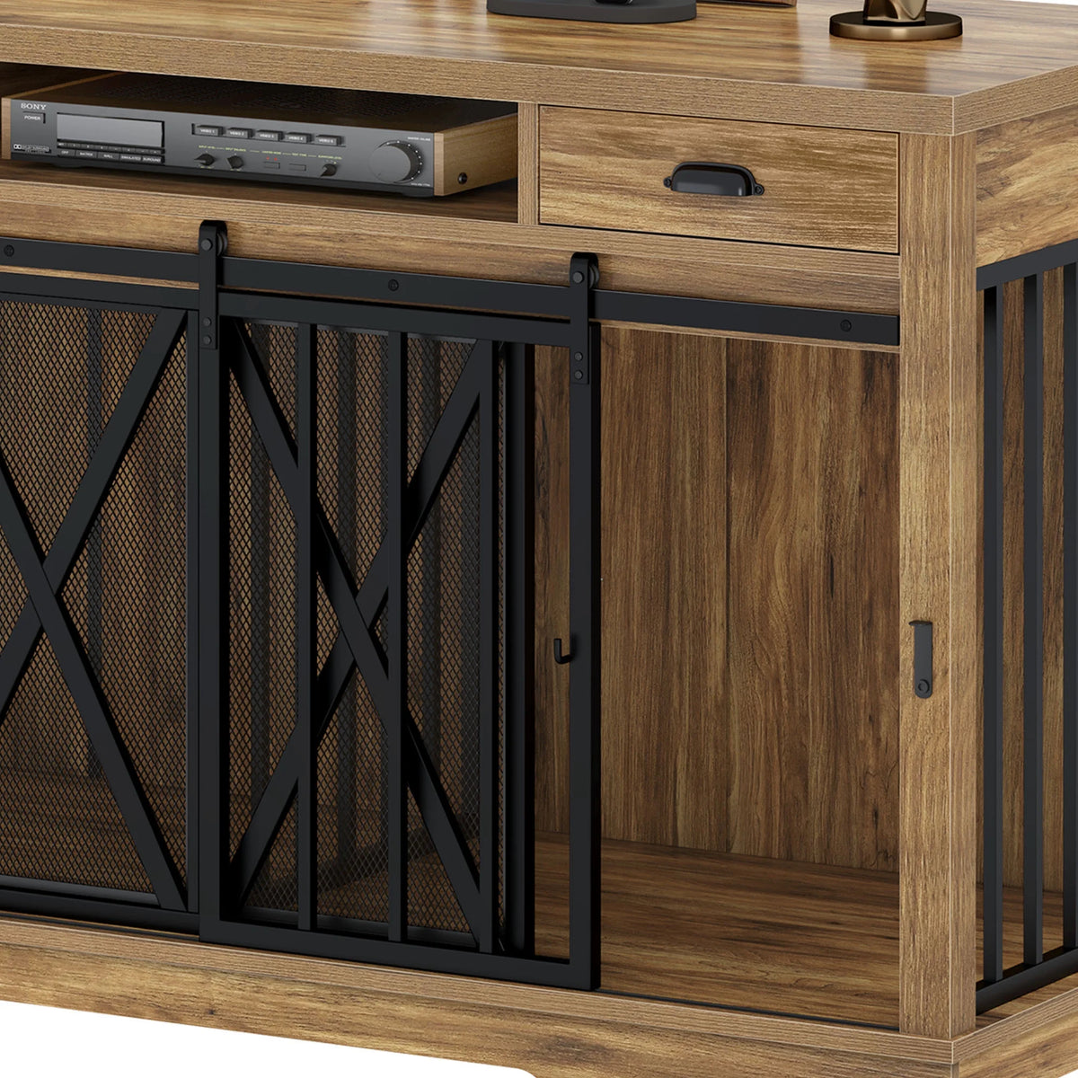 63-Inch Dog Crate Furniture,Tv Stand with Charging Station,Dog Kennel with Double Sliding Barn Door - Oak