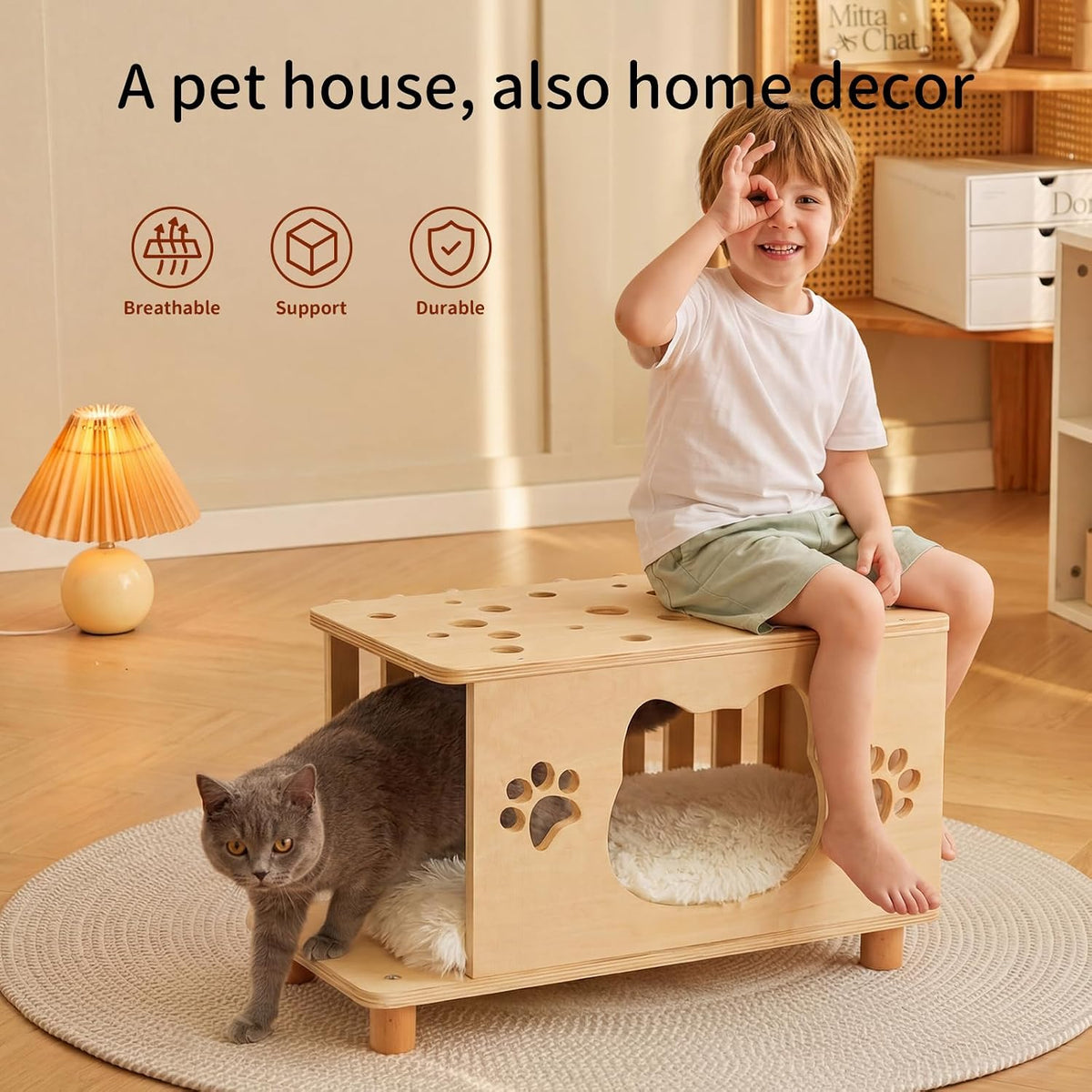 4-In-1 Wooden Cat Beds for Indoor Cats, Breathable Cat Cave with Washable Cushion Cat House