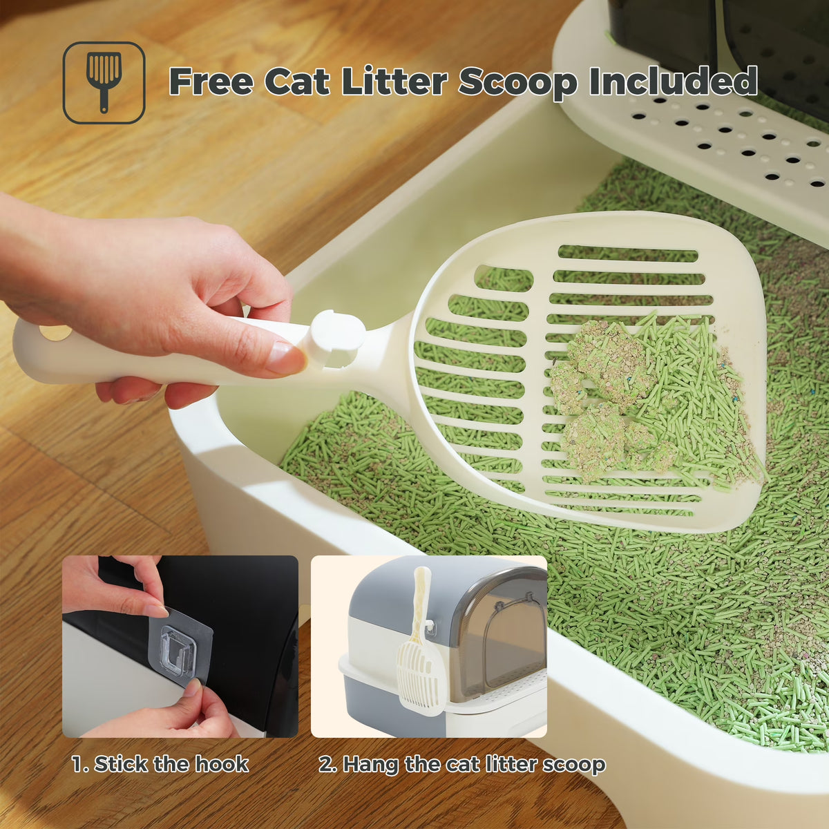 Large Cat Litter Box with Scoop Litter Box with Lid Double-Layer Leak-Proof Litter Box for Cat, Black