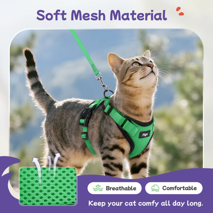 Cat Harness and Leash for Walking, Escape Proof Soft Adjustable Vest Harnesses for Cats, Easy Control Breathable Reflective Strips Jacket, Grass Green