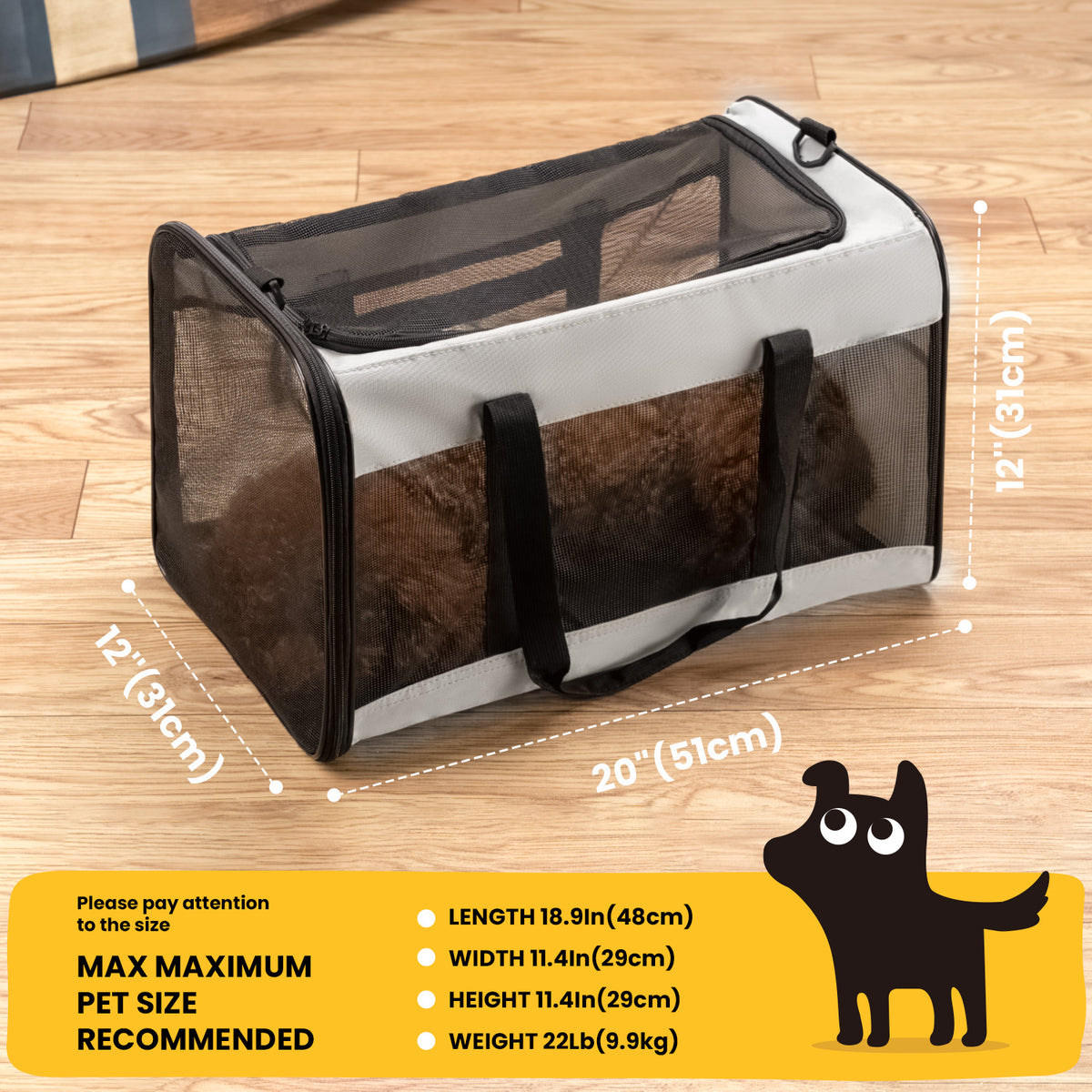 Cat Dog Carrier,Soft-Sided Pet Carriers for Dogs with 4-Sided Mesh,Cat Transport for Large Cats Small Dog up to 9.9Kg,Collapsible Dat Travel Carrier-L,Gray