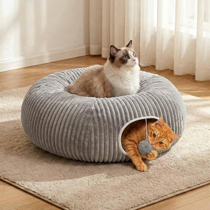 Cat Tunnel Bed for Indoor Cats, Peekaboo Cat Cave Bed, Grey