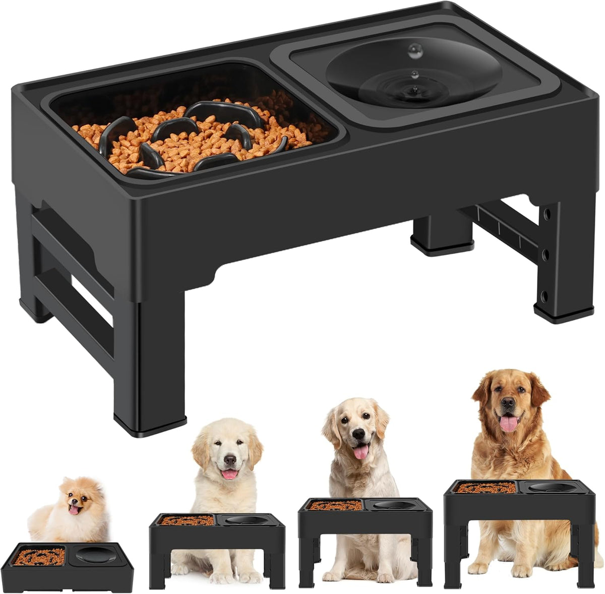 2-In-1 Elevated Dog Bowls, No Spill Water Bowl, Slow Feeder Food Bowl