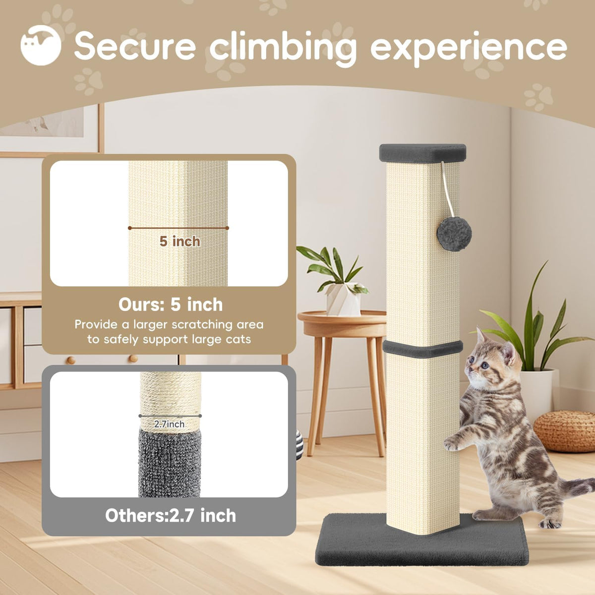 Cat Scratching Post, 32 Inch Tall Scratching Post for Indoor with 5 Inch Diameter Posts and Ball Cat Scratcher for Medium and Large Cats