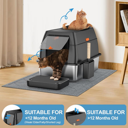 Extra Large Stainless Steel Litter Box with Lid, Easy-Clean Pan