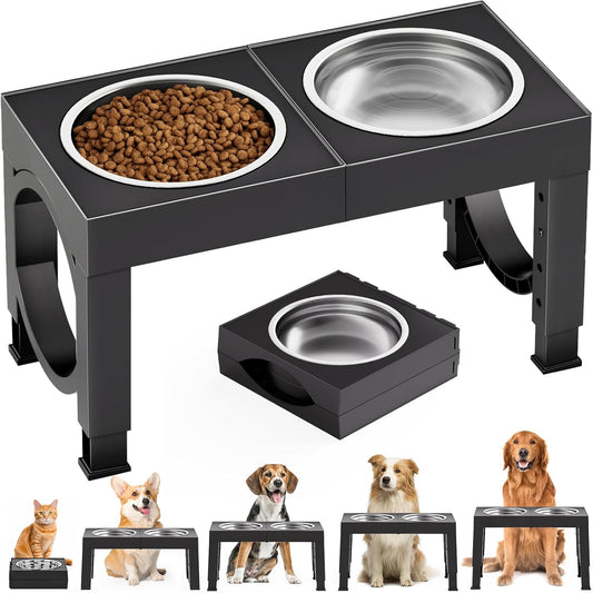 Elevated Dog Bowls Large Breed Raised Dogs Bowl Stand Large/Medium Sized Dog Stainless Steel Food Water Bowl Stands 5 Heights Adjustable 9/11/12/14In Black Pet Feeder Dish Station