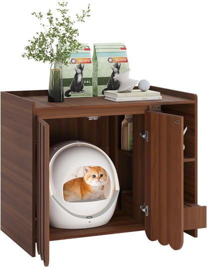 Large Litter Box Enclosure with Litter Collector, Hidden Litter Box Furniture for Automatic Litter Box, Cat Robot 3/4, Dog Proof Litter Box Cabinet, Side Table, Walnut