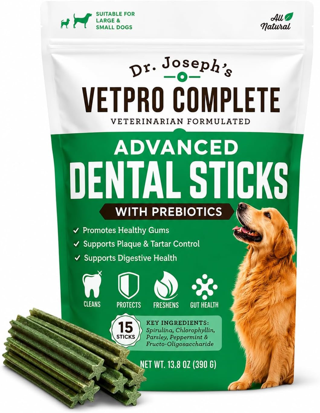 Dr. Joseph'S Advanced Dental Sticks with Prebiotics, 15 Sticks, Cleans Teeth, Freshens Bad Breath, and Supports Gut Health, Target Tartar and Plaque Build Up, Veterinarian Formulated