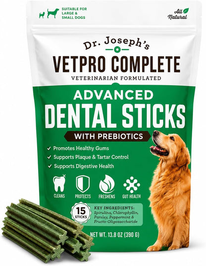 Dr. Joseph'S Advanced Dental Sticks with Prebiotics, 15 Sticks, Cleans Teeth, Freshens Bad Breath, and Supports Gut Health, Target Tartar and Plaque Build Up, Veterinarian Formulated