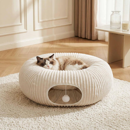 Cat Tunnel Bed with 40 Pcs Interactive Cat Toys, White