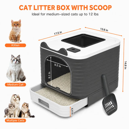 Enclosed Cat Litter Box with Lid, Easy to Clean with Includes Scoop & 4 Charcoal Deodorizer Bags